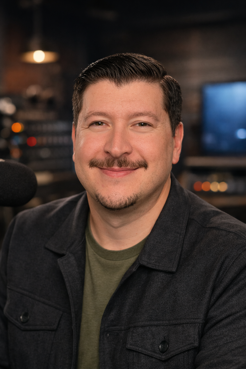 Photo of Jimmy Andreoli, founder of Go Brightly AI, sitting in a broadcasting studio.  He wears a dark colored overshirt over a green tshirt.